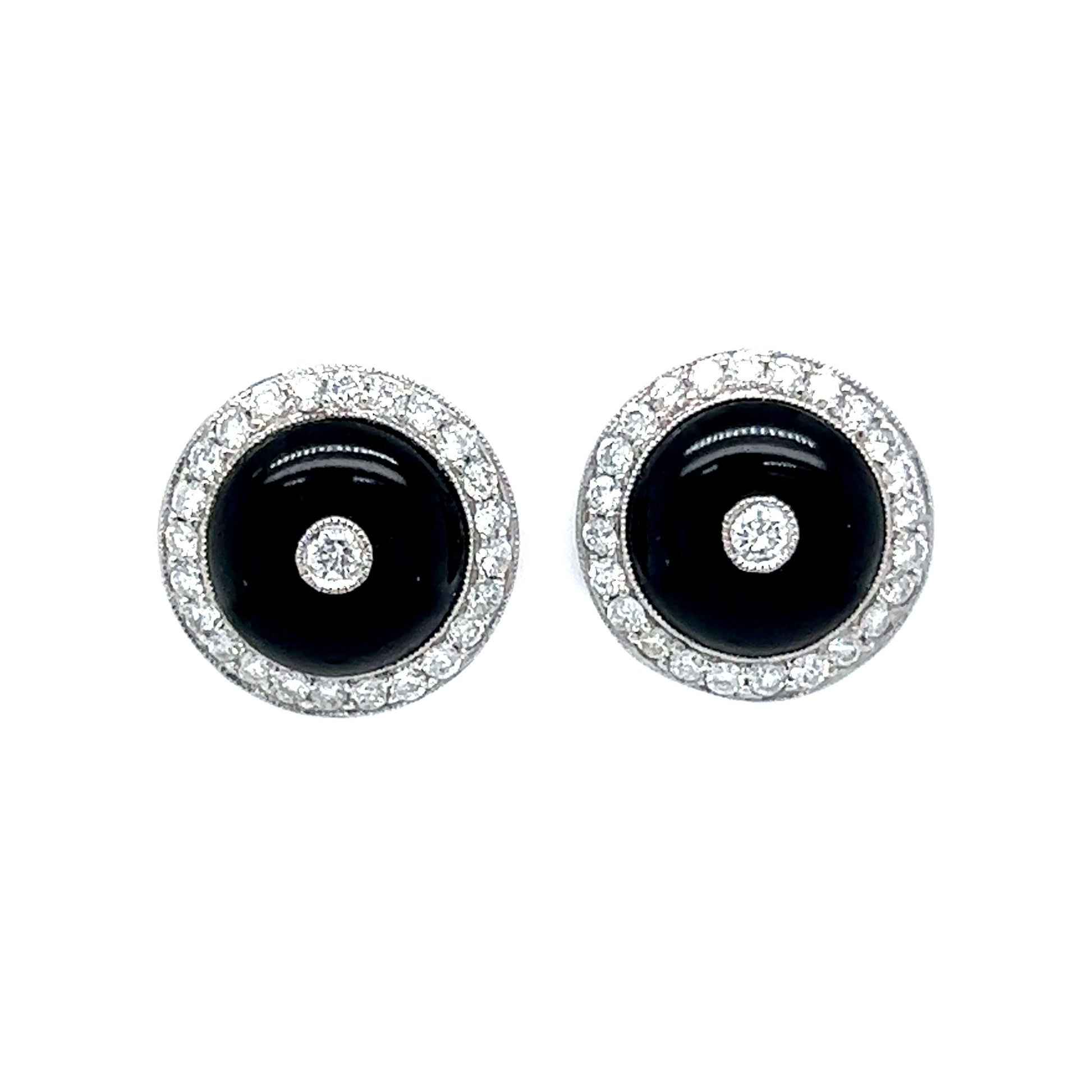 Modern Onyx & Round Brilliant Diamond Stud Earrings in Platinum