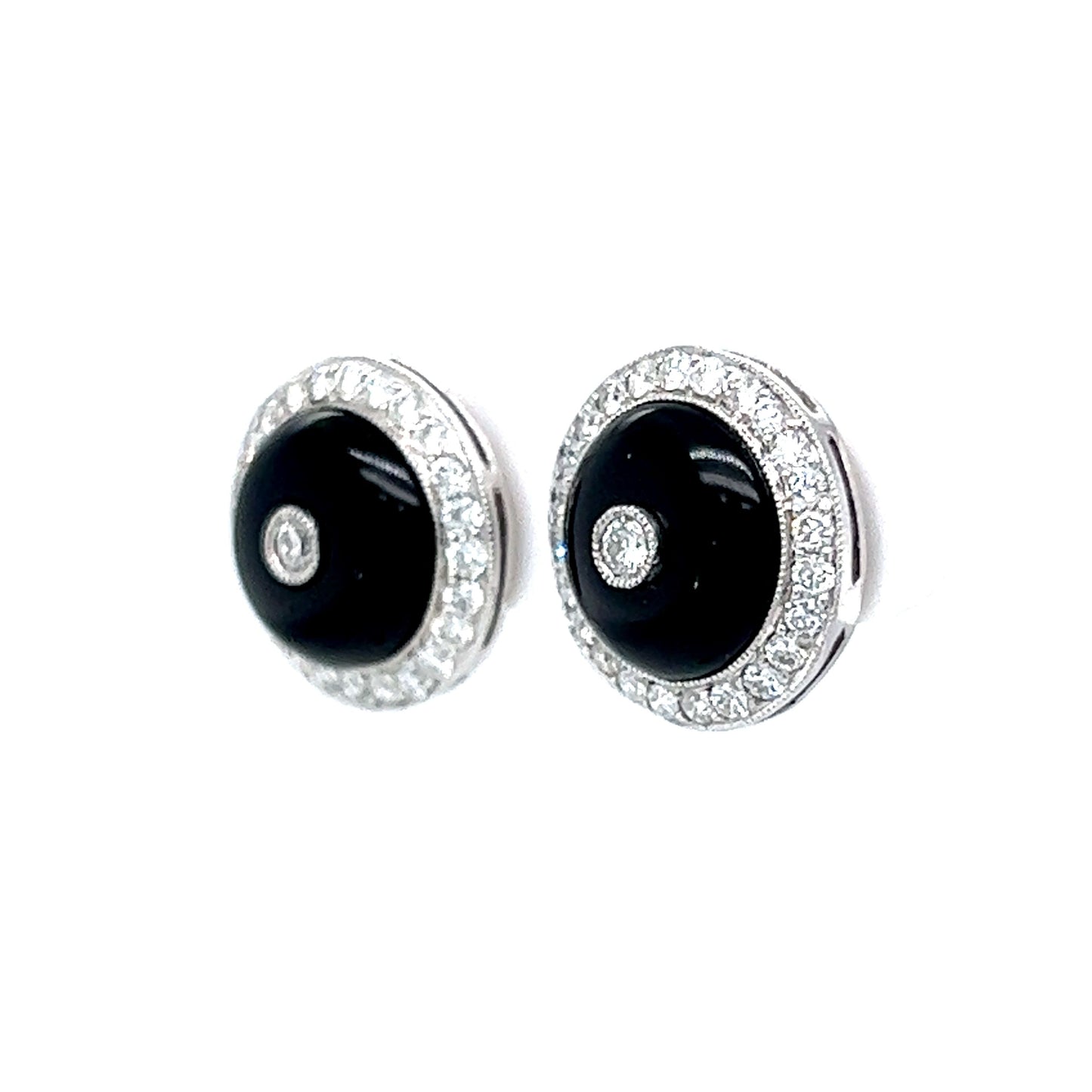 Modern Onyx & Round Brilliant Diamond Stud Earrings in Platinum
