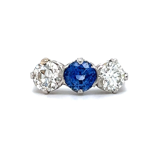 Vintage Art Deco Three Stone Sapphire & Diamond Engagement Ring in Platinum