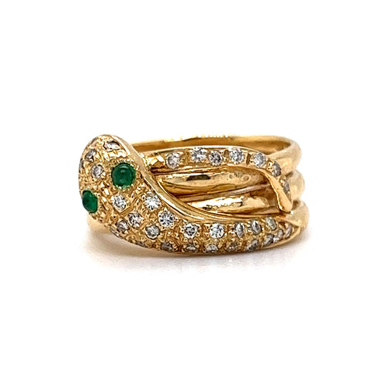 Modern Pave Diamond & Emerald Snake Ring in 18k Yellow Gold