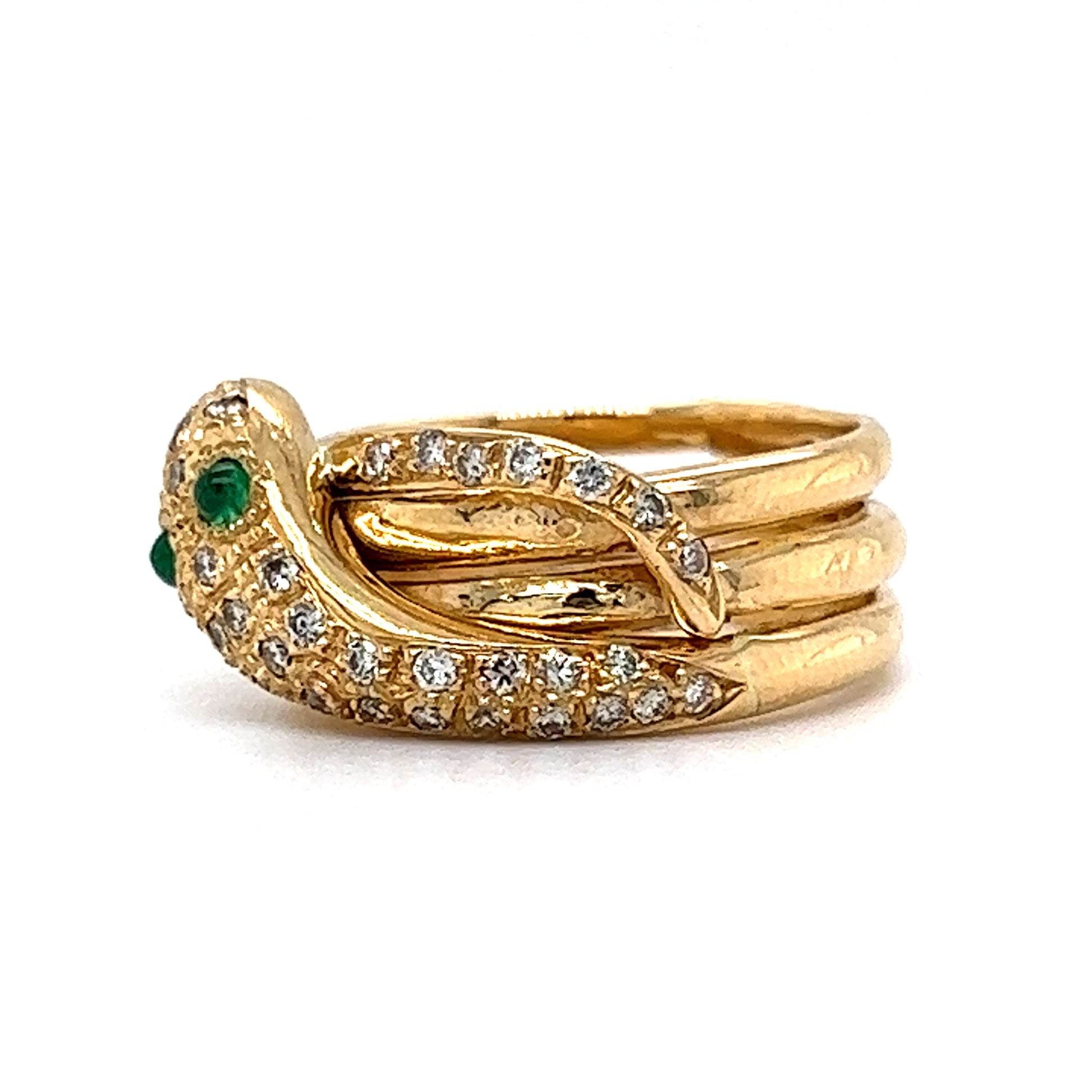Modern Pave Diamond & Emerald Snake Ring in 18k Yellow Gold