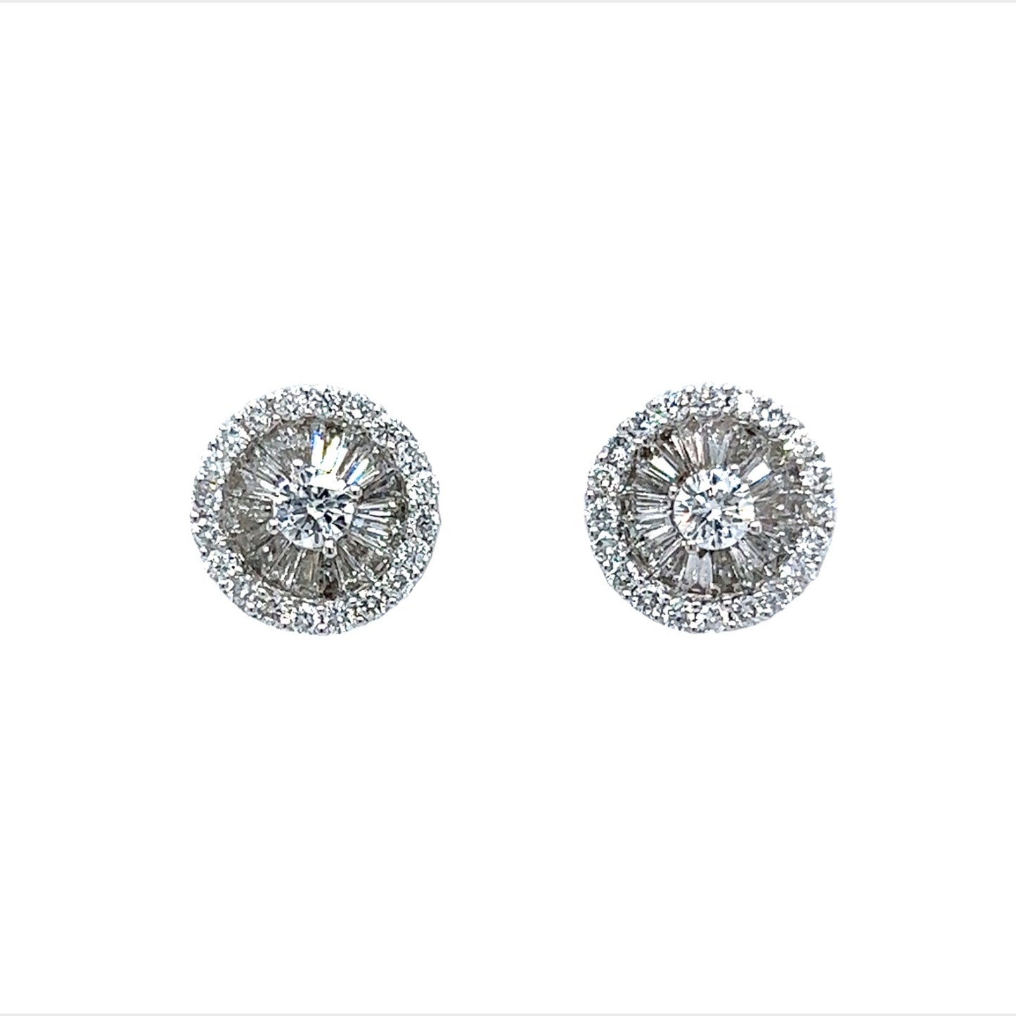 Round & Baguette Diamond Cluster Stud Earrings in 18k White Gold