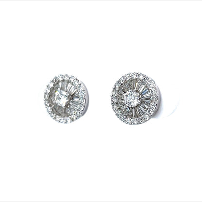 Round & Baguette Diamond Cluster Stud Earrings in 18k White Gold