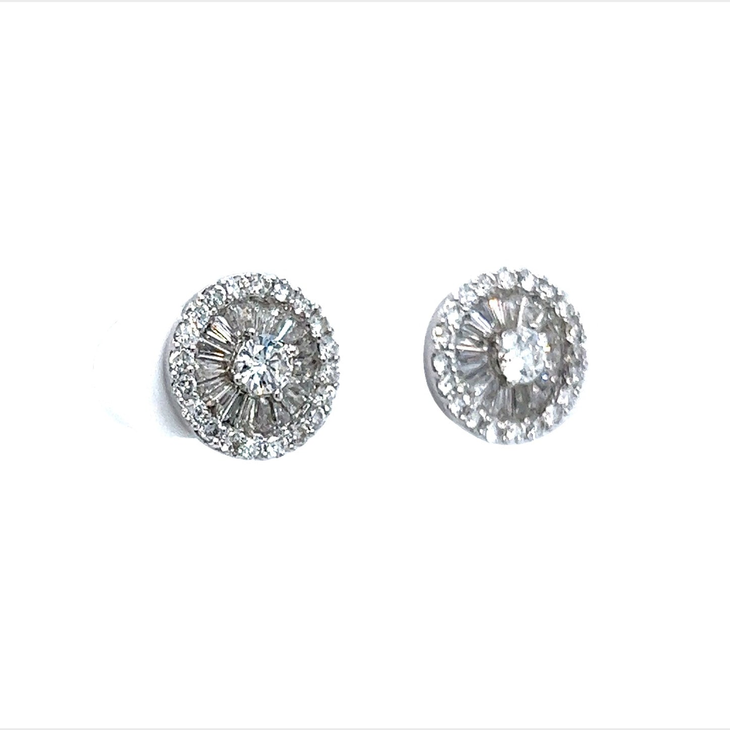 Round & Baguette Diamond Cluster Stud Earrings in 18k White Gold