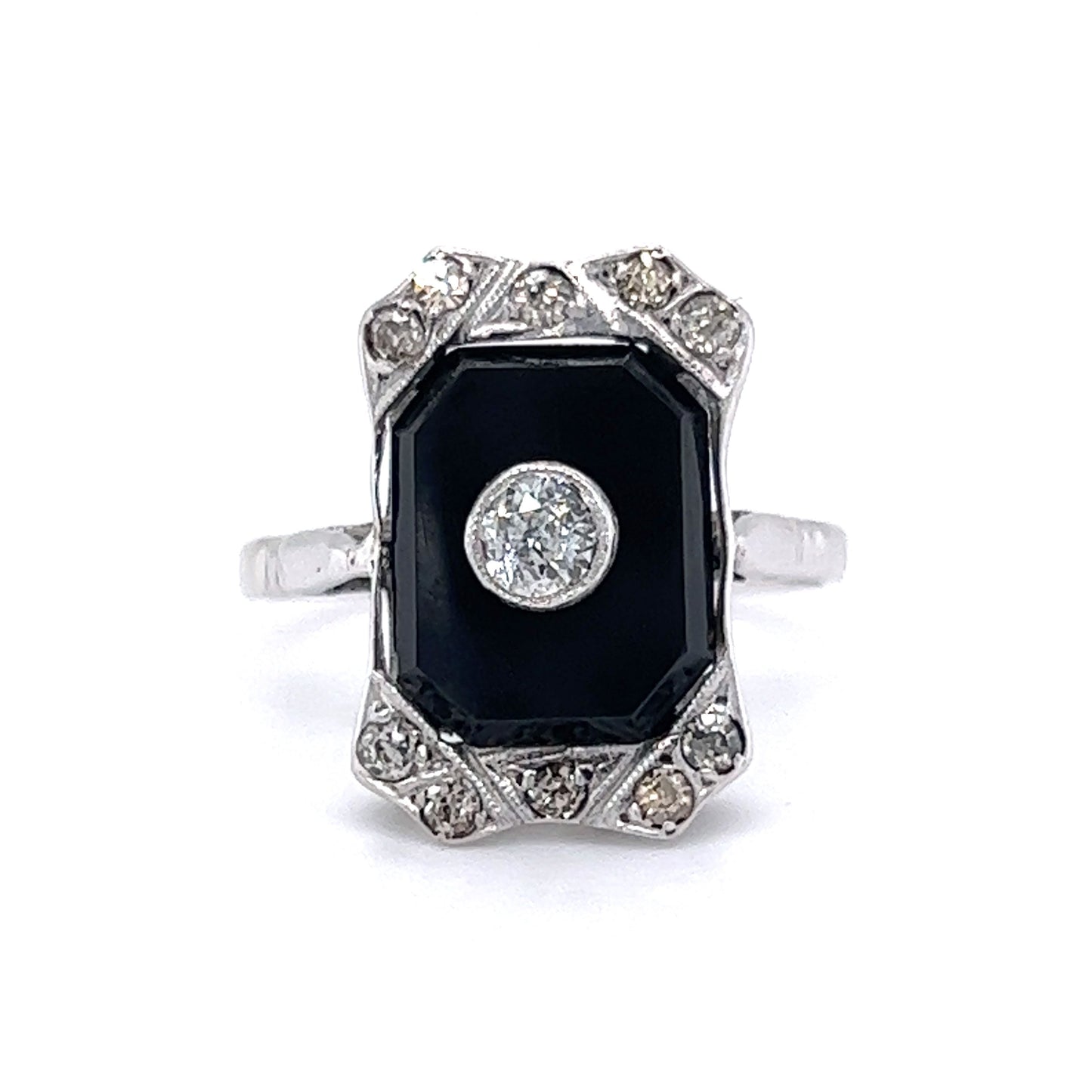 Vintage 1920's Onyx & Diamond Ring in 14k White Gold