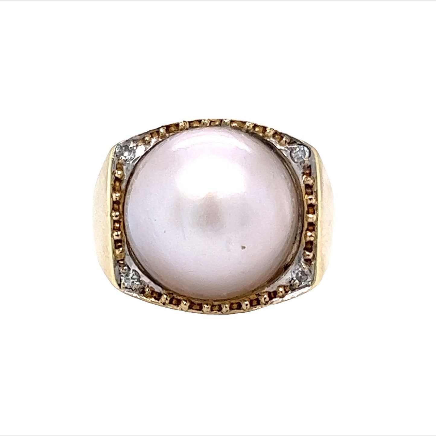 Pearl w/ Round Brilliant Diamond Cocktail Ring Yellow Gold