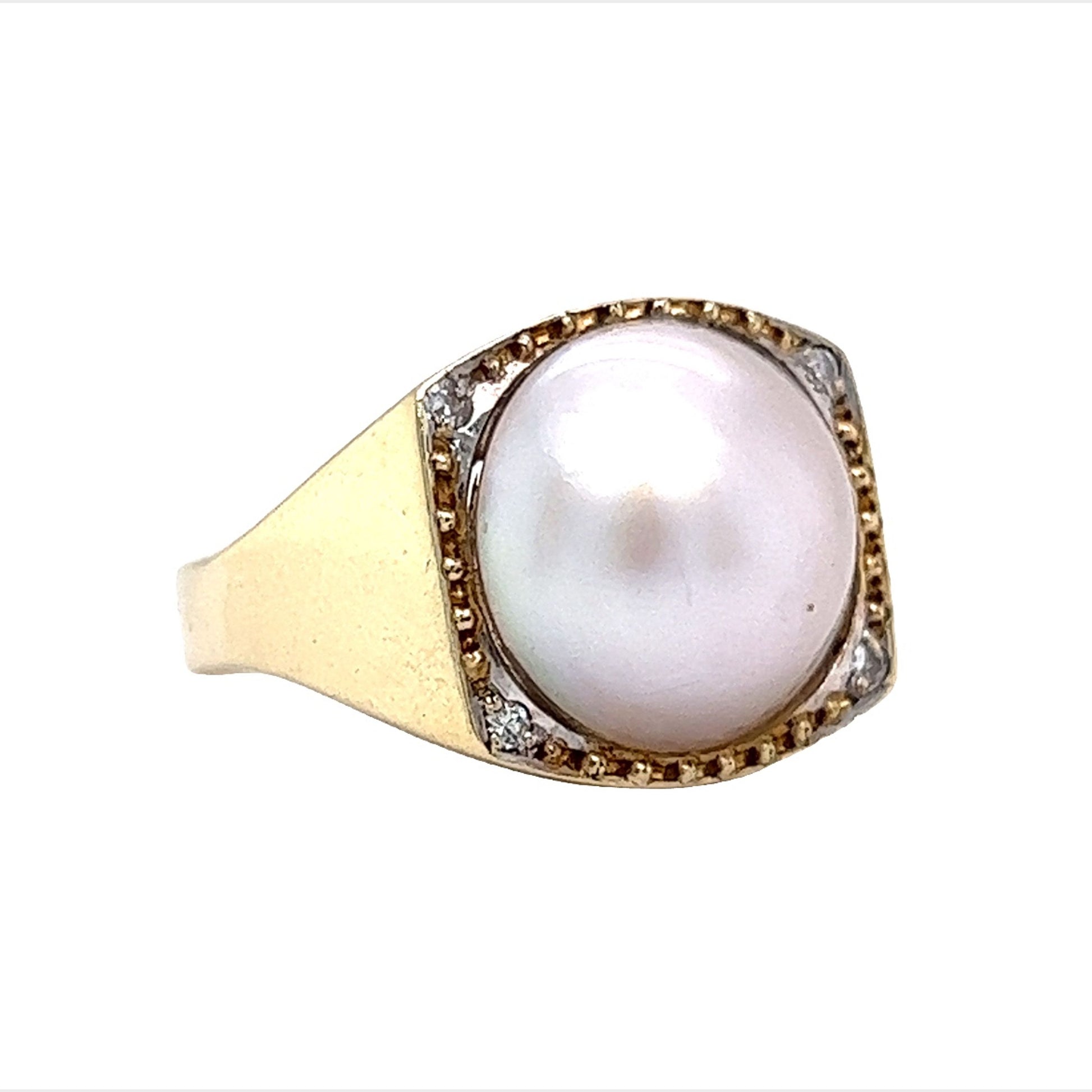 Pearl w/ Round Brilliant Diamond Cocktail Ring Yellow Gold