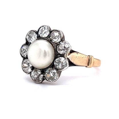 Victorian Pearl & Diamond Ring in Yellow Gold & Sterling Silver