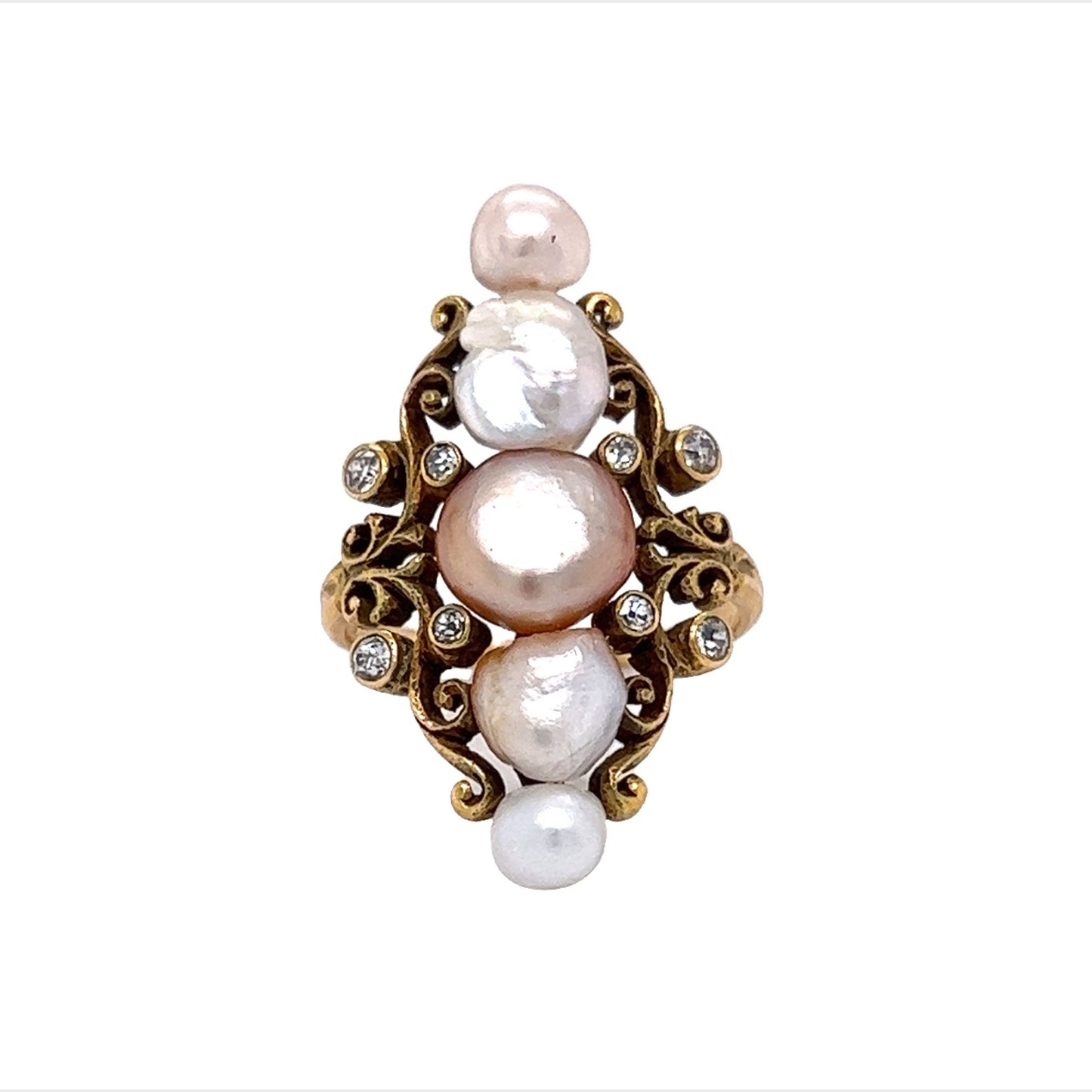 Victorian Diamond Ring w/ Keshi Pearls in Yellow Gold