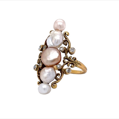 Victorian Diamond Ring w/ Keshi Pearls in Yellow Gold