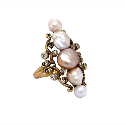 Victorian Diamond Ring w/ Keshi Pearls in Yellow Gold