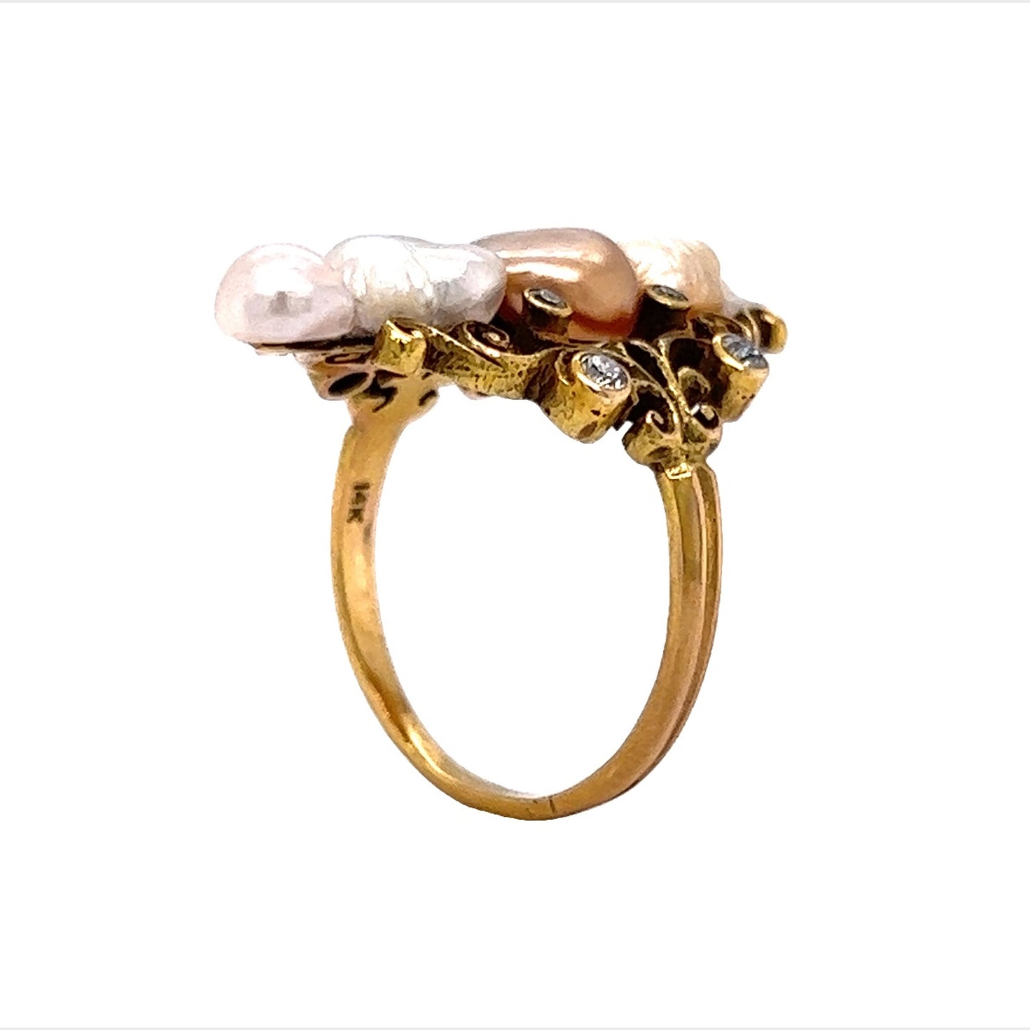 Victorian Diamond Ring w/ Keshi Pearls in Yellow Gold