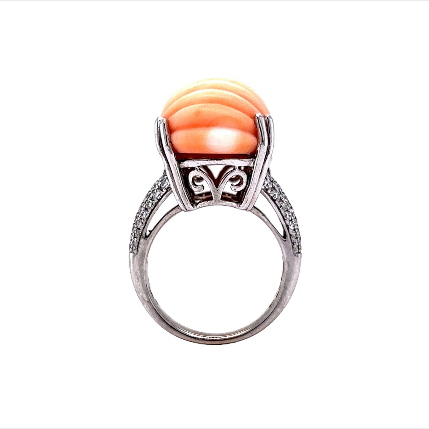Modern Carved Oval Coral Cocktail Ring in 14k White Gold