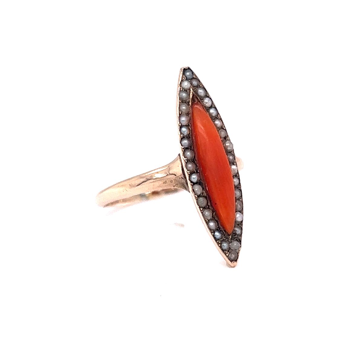 Antique Right Hand Ring Victorian Coral & Pearls in 14k Yellow Gold
