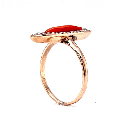 Antique Right Hand Ring Victorian Coral & Pearls in 14k Yellow Gold