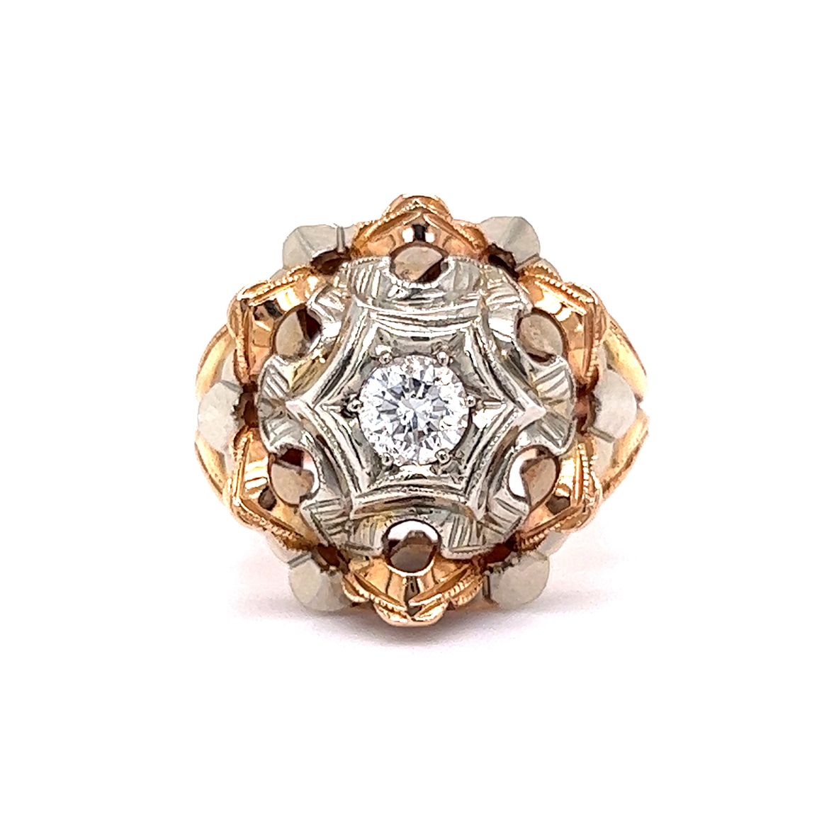Vintage Cocktail Ring .40 Round Brilliant Cut Diamond in 18K White & Rose Gold