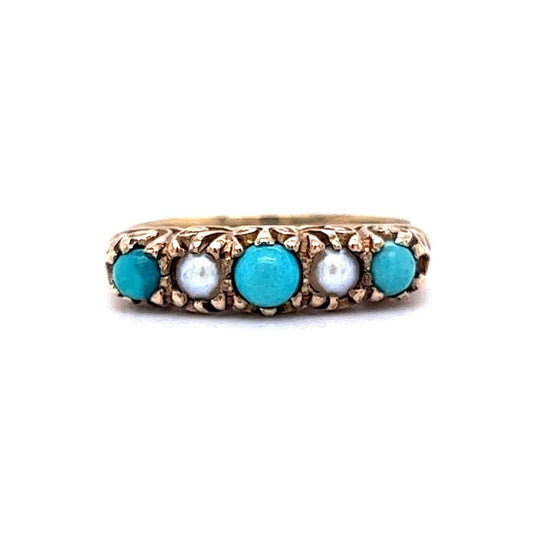 Victorian Turquoise and Pearl Ring in 9k Yellow Gold