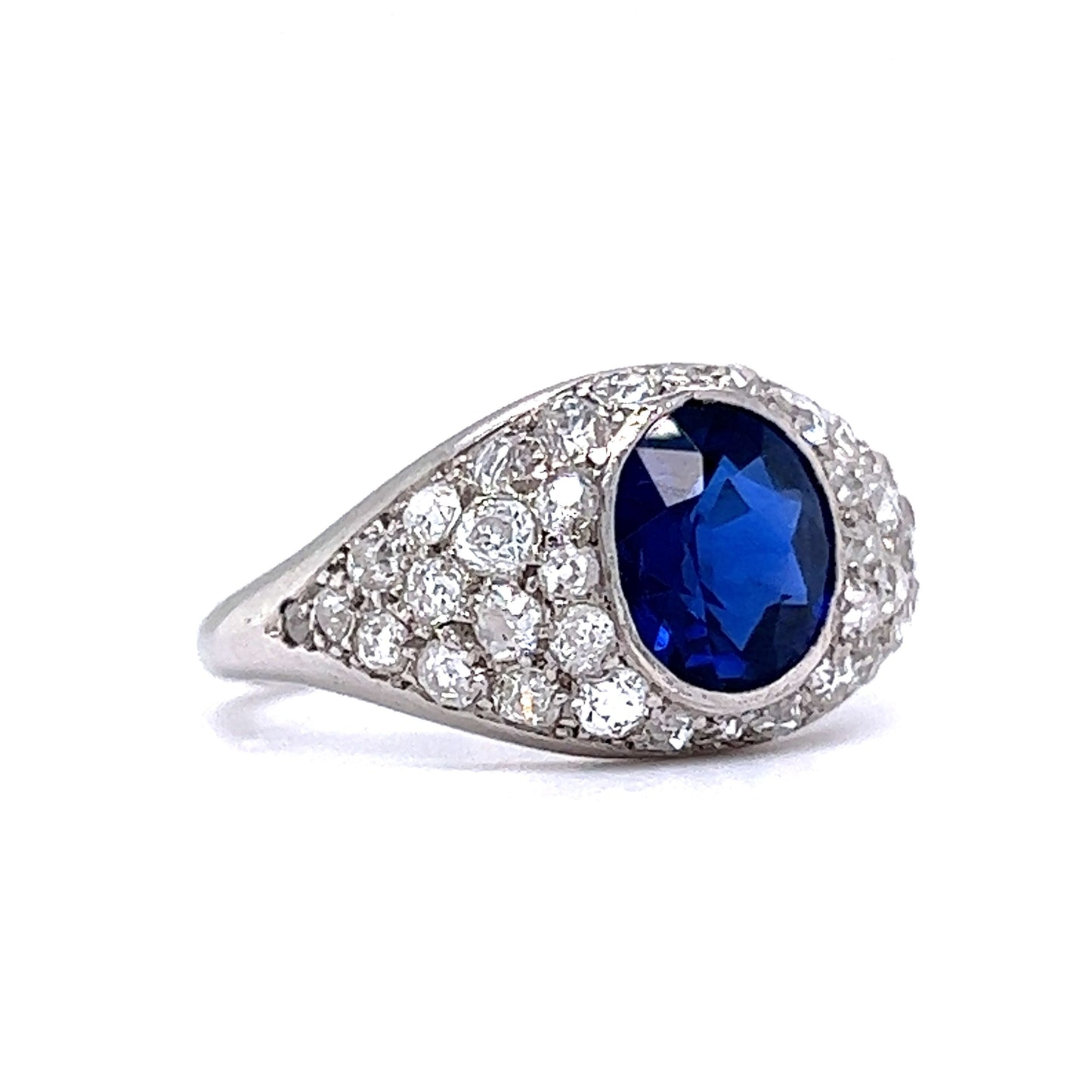 Art Deco Bezel Set Sapphire & Diamond Engagement Ring in Platinum