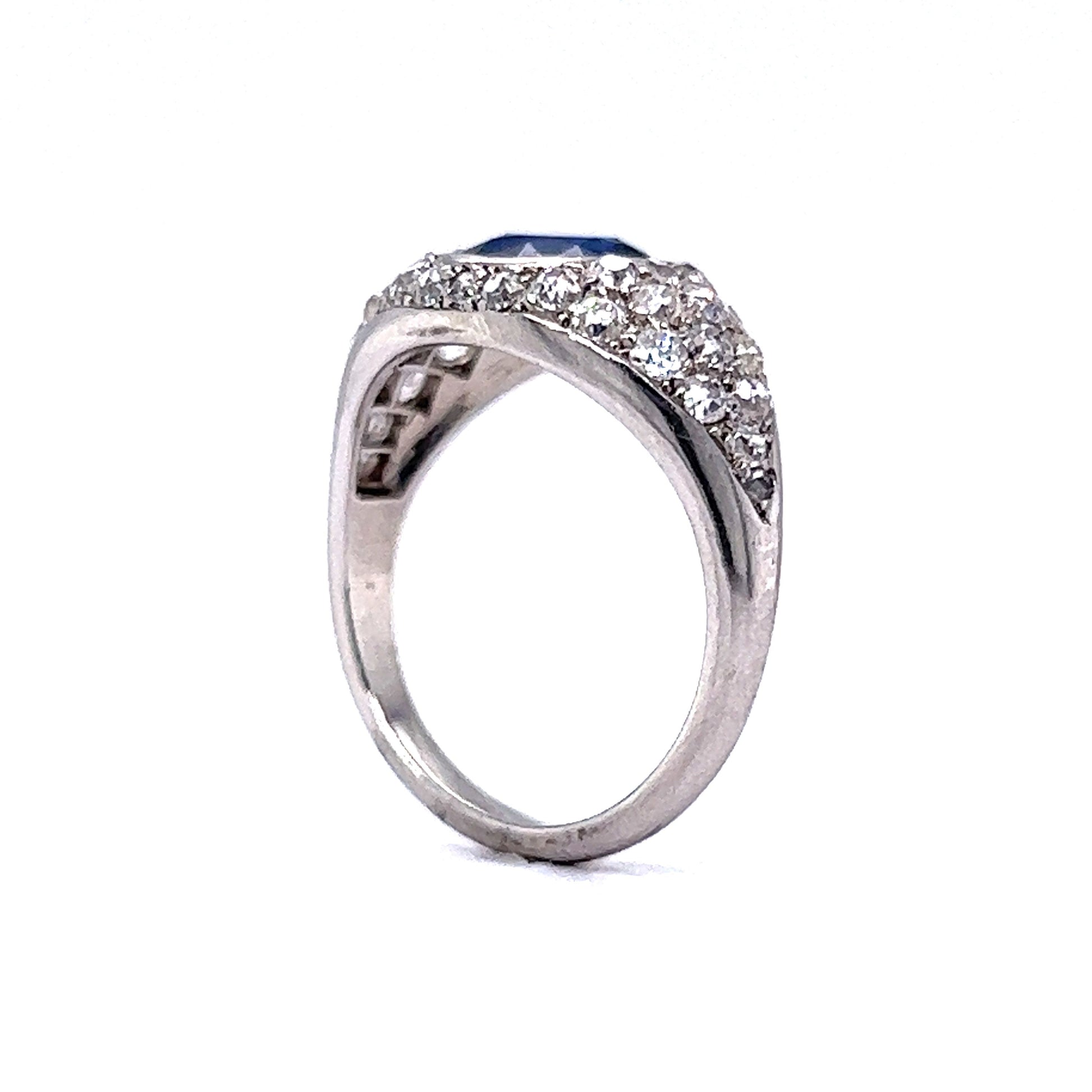 Art Deco Bezel Set Sapphire & Diamond Engagement Ring in Platinum