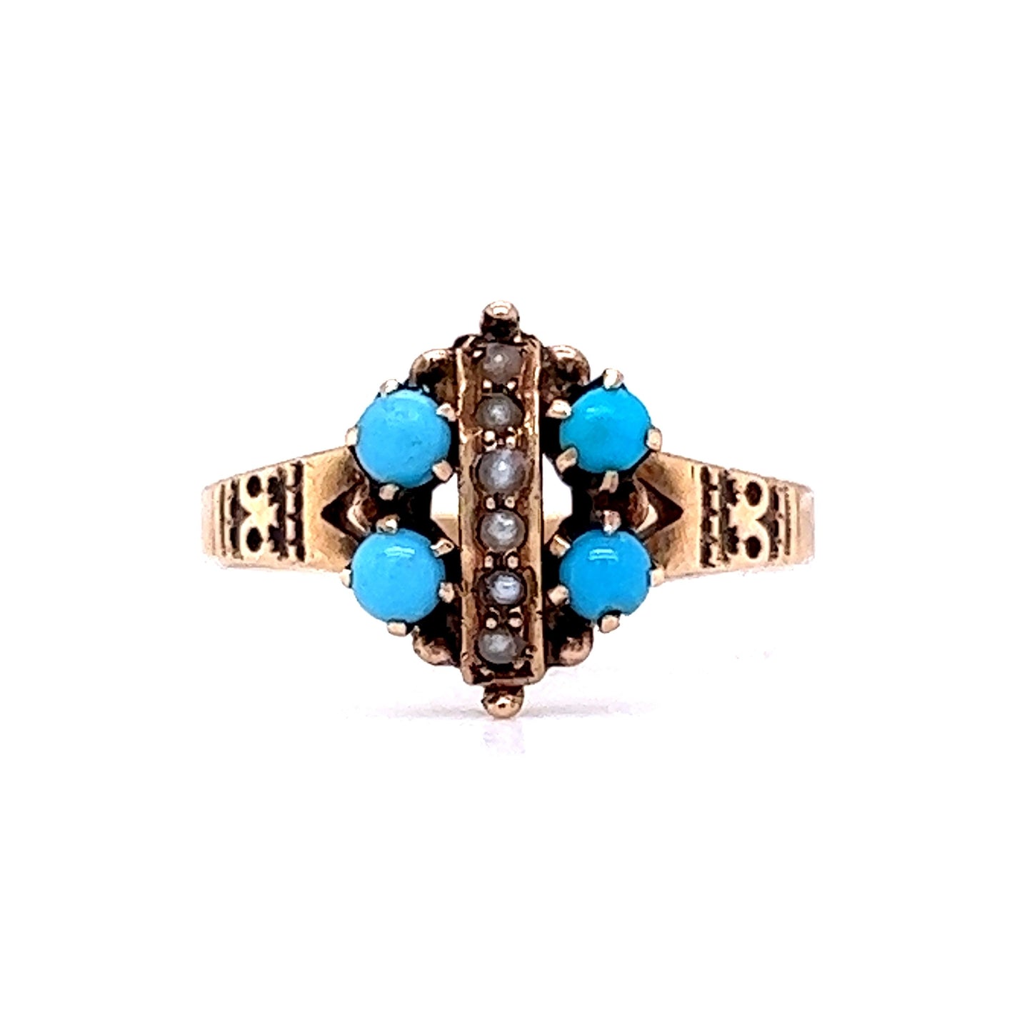 Victorian Cabochon Turquoise & Pearl Cocktail Ring 10k