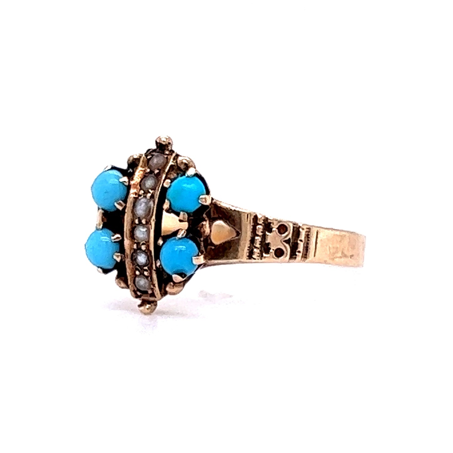 Victorian Cabochon Turquoise & Pearl Cocktail Ring 10k