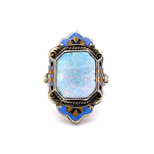 Vintage Art Deco Opal and Enamel Ring in 14k Yellow Gold