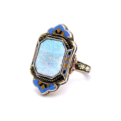 Vintage Art Deco Opal and Enamel Ring in 14k Yellow Gold