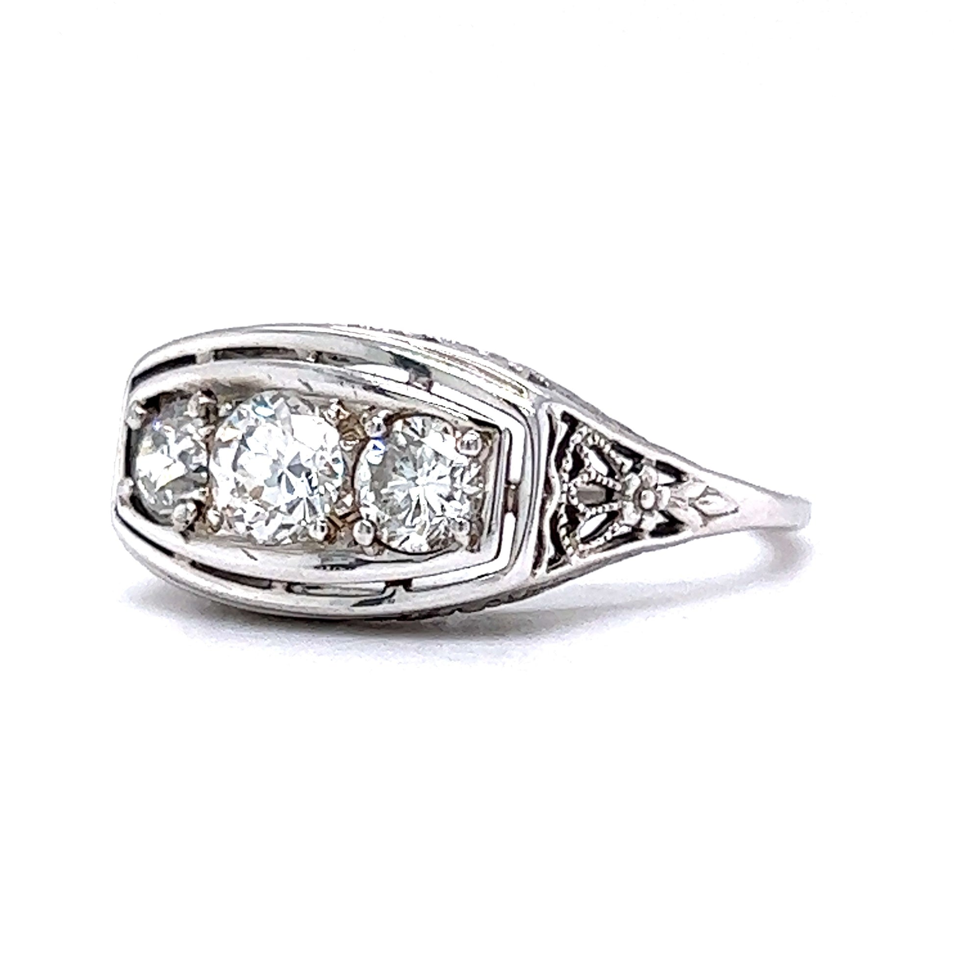 Vintage Deco Three Stone Diamond Ring in 18k White Gold