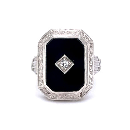 Art Deco Rectangular Onyx and Diamond Ring in 14k White Gold