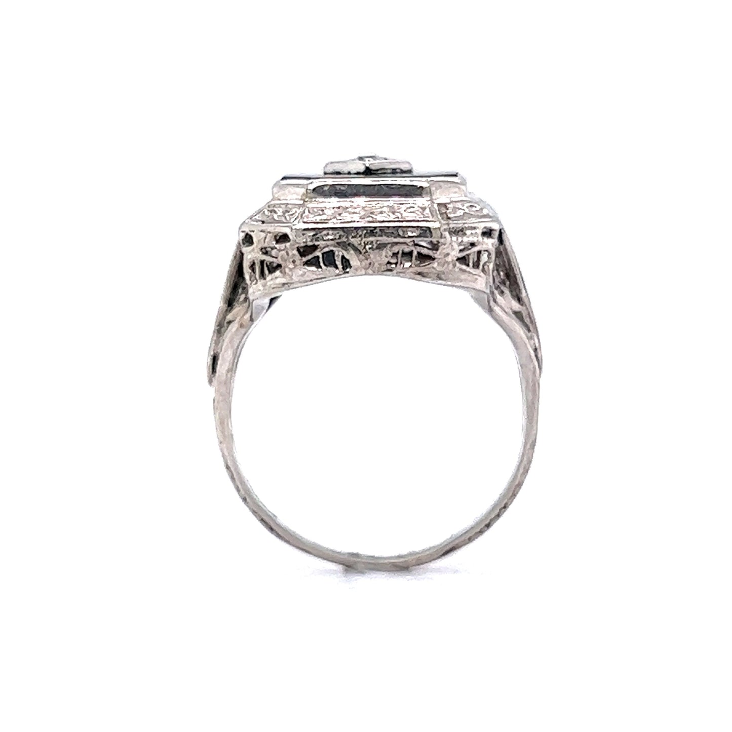 Art Deco Rectangular Onyx and Diamond Ring in 14k White Gold