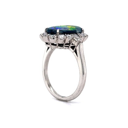 Mid-Century Australian Black Opal & Diamond Ring in Platinum