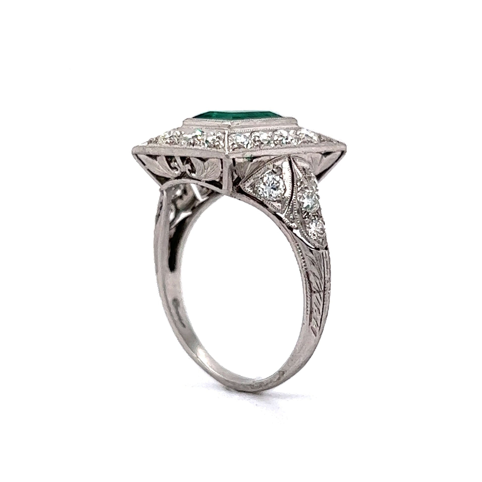 1.07 Art Deco Emerald & Diamond Cocktail Ring in Platinum