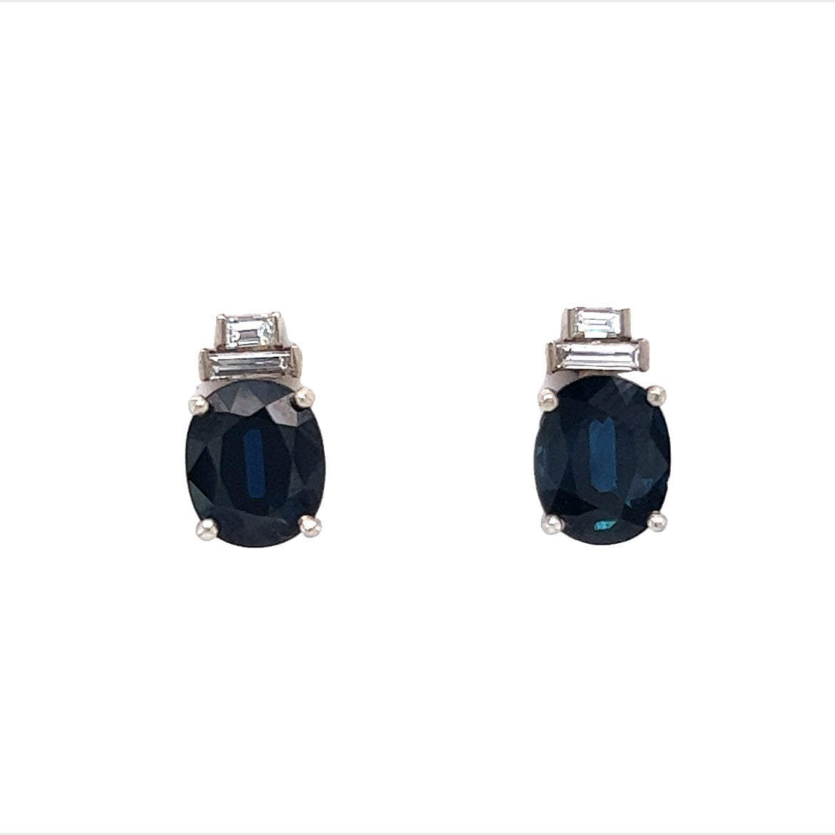 Oval Cut Sapphire and Diamond Earrings in 14K White Gold