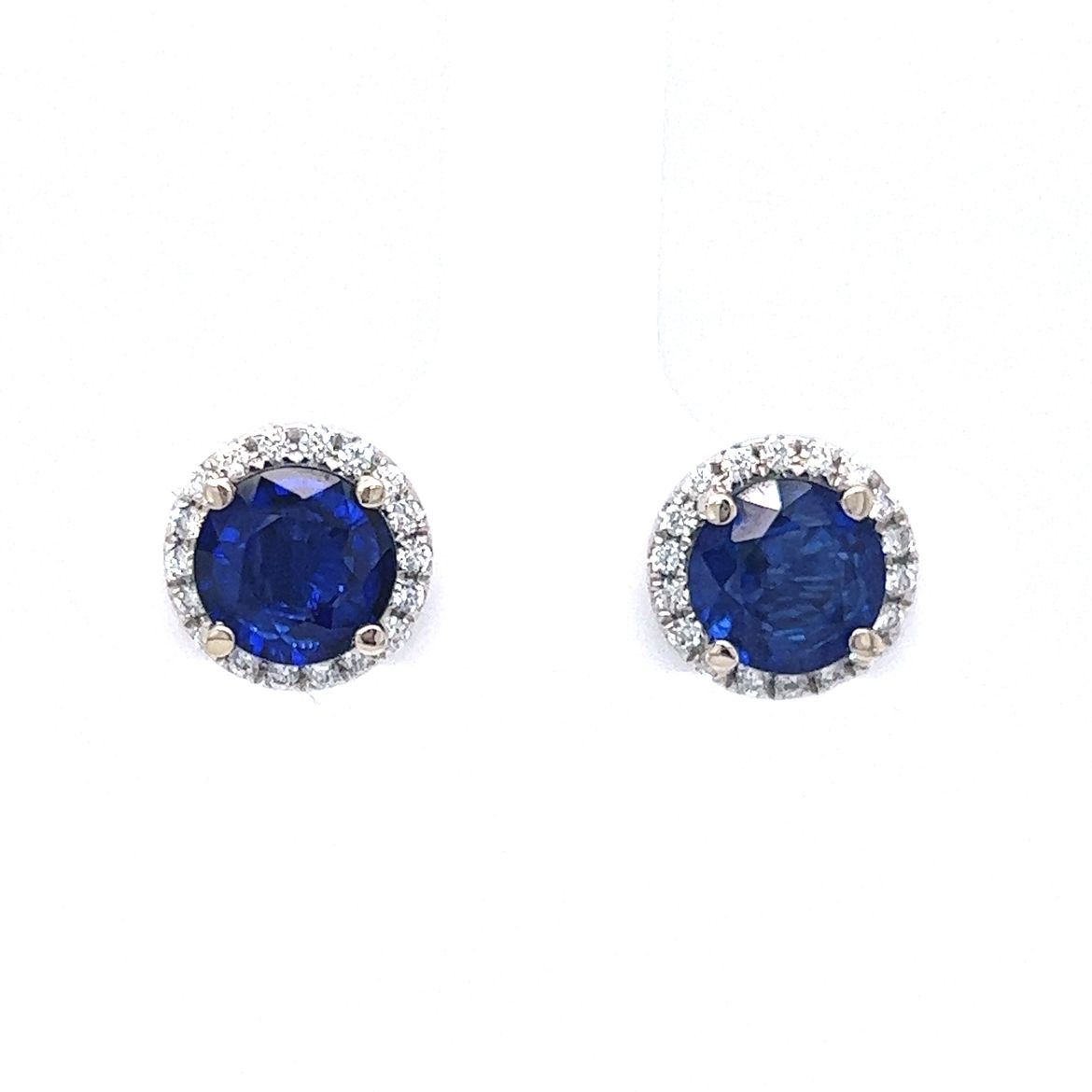 Round Cut Sapphire Stud Earrings with Diamond Halo in 14K White Gold