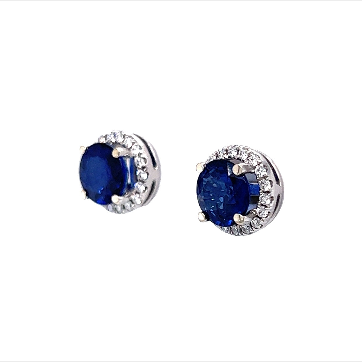 Round Cut Sapphire Stud Earrings with Diamond Halo in 14K White Gold