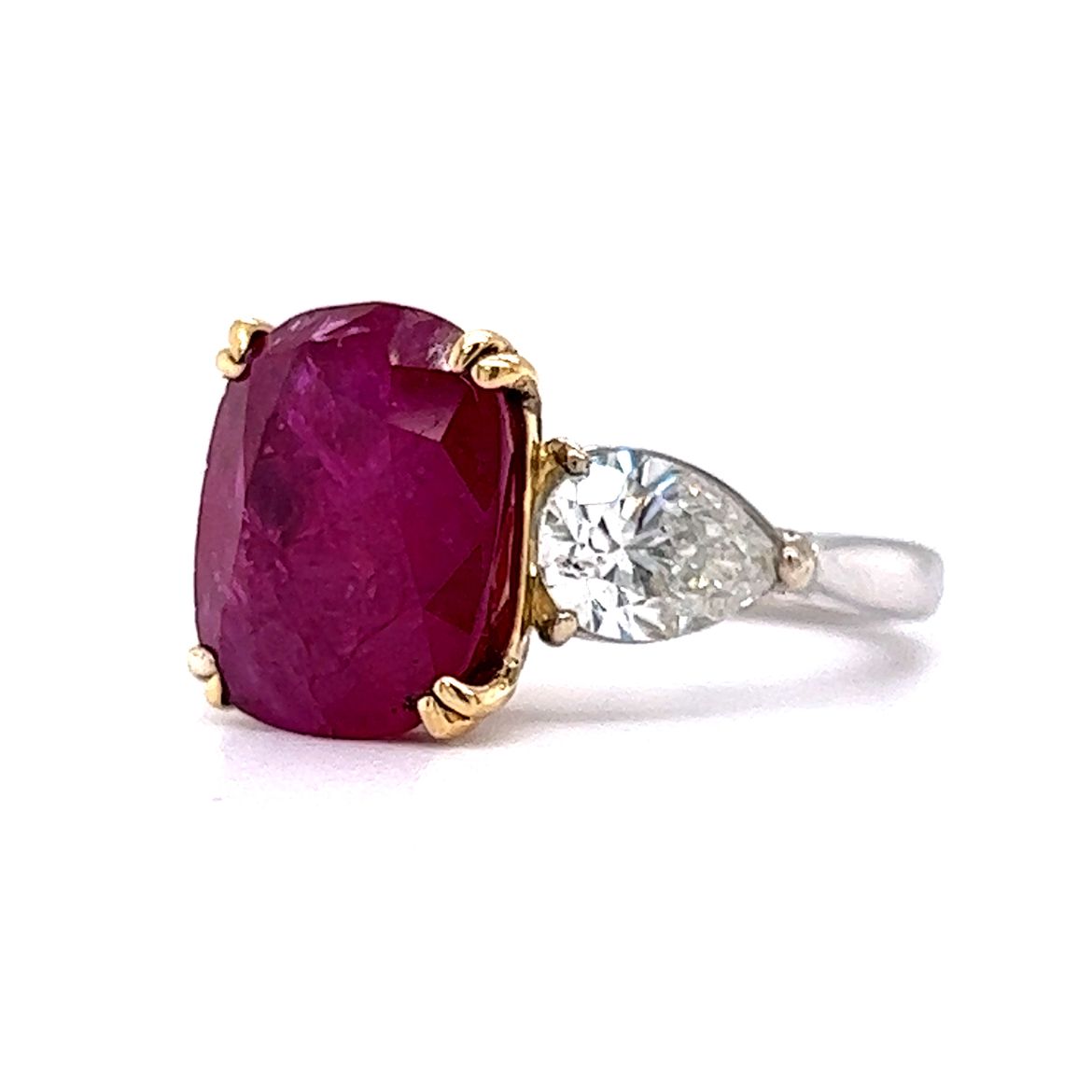 6.16 Cushion Cut Ruby & Pear Cut Diamond in Platinum & Yellow Gold