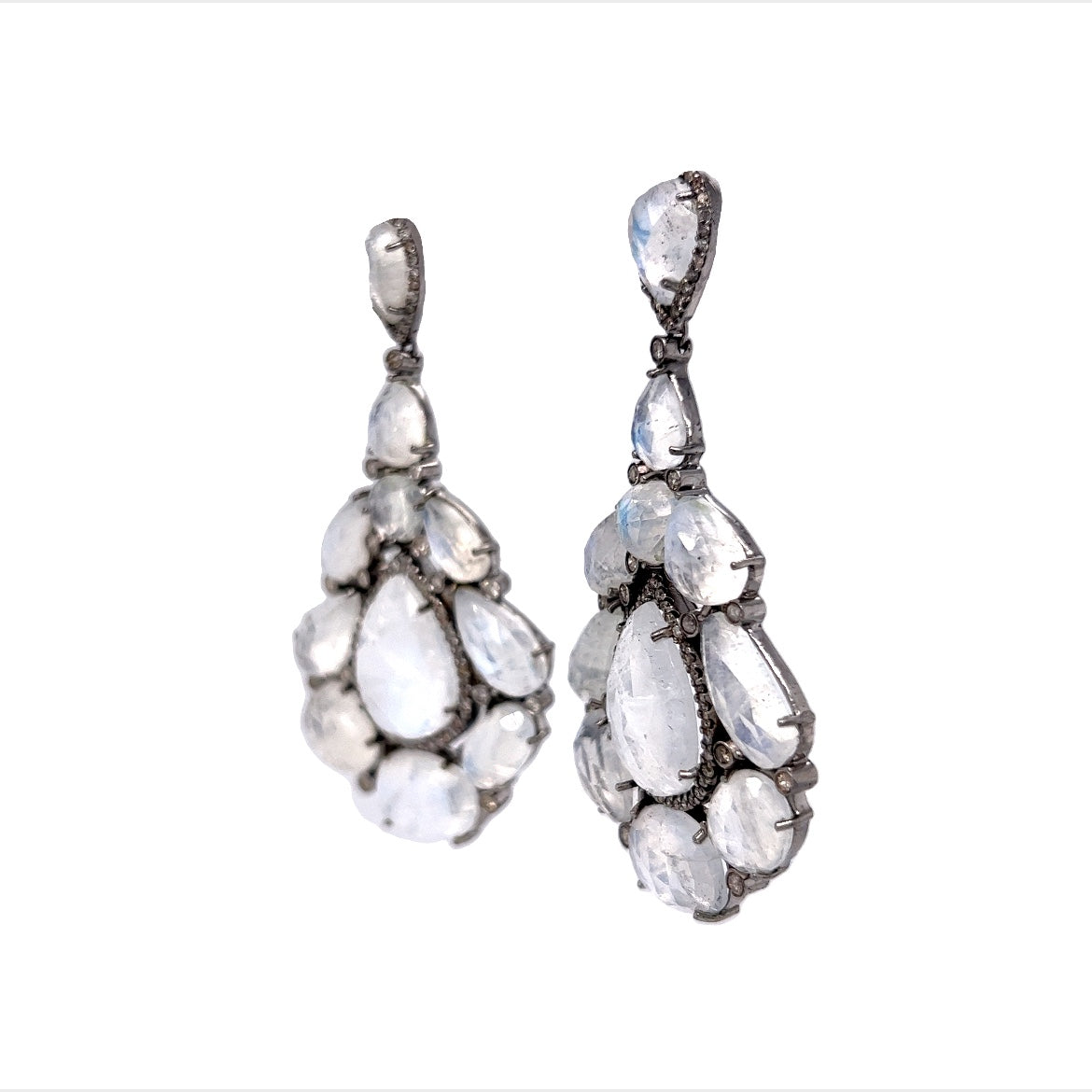 Moonstone & Diamond Teardrop Cluster Earrings in Sterling Silver