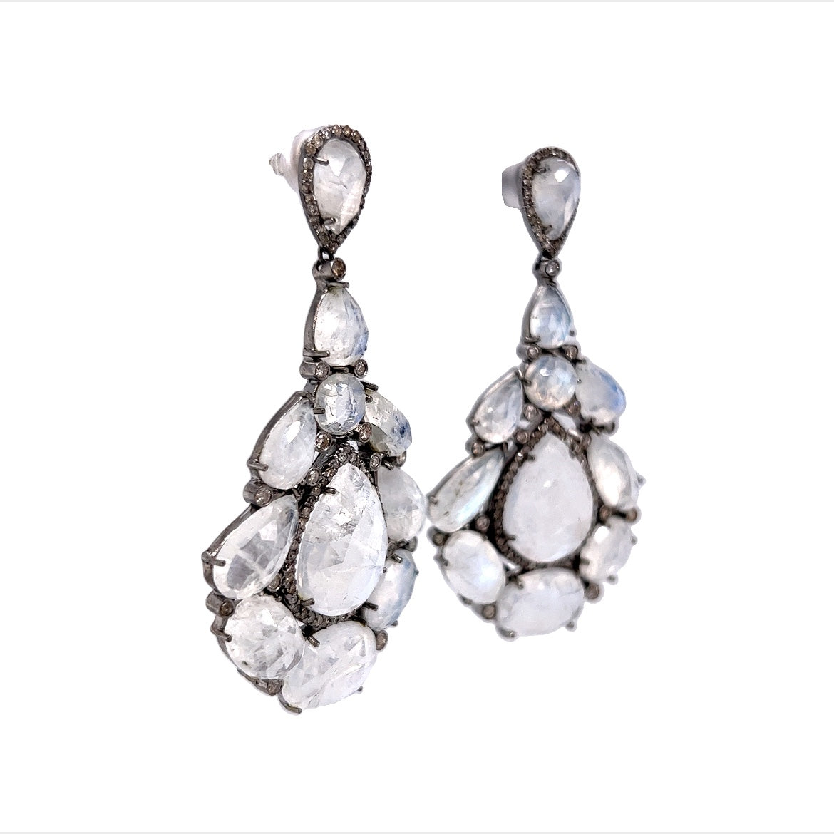 Moonstone & Diamond Teardrop Cluster Earrings in Sterling Silver