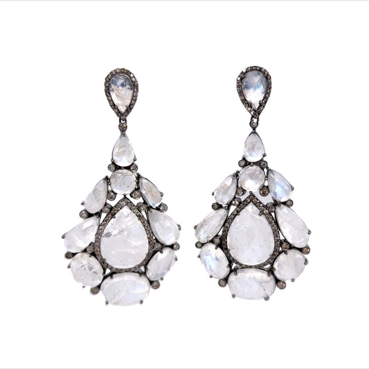 Moonstone & Diamond Teardrop Cluster Earrings in Sterling Silver