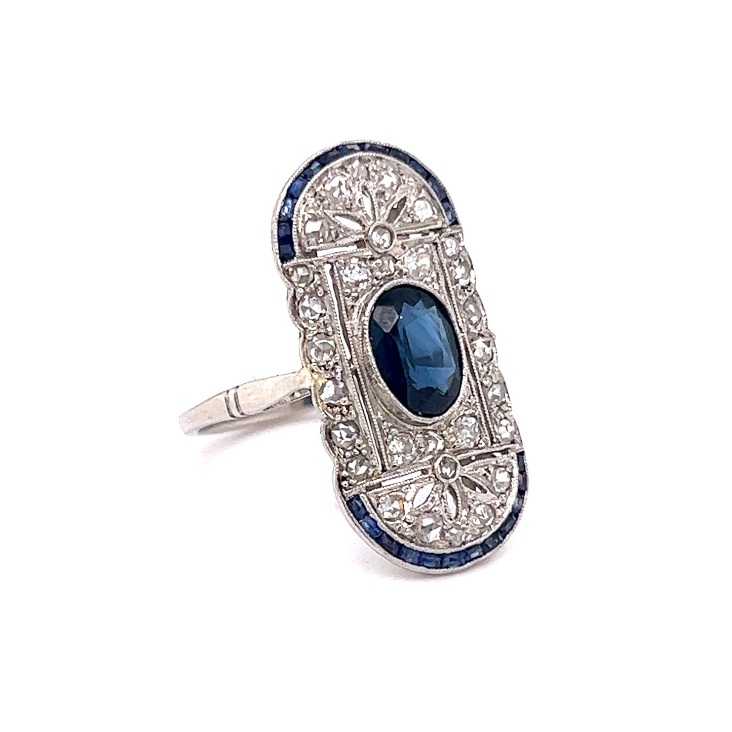 Vintage Filigree Cocktail Ring Art Deco Sapphire in Platinum