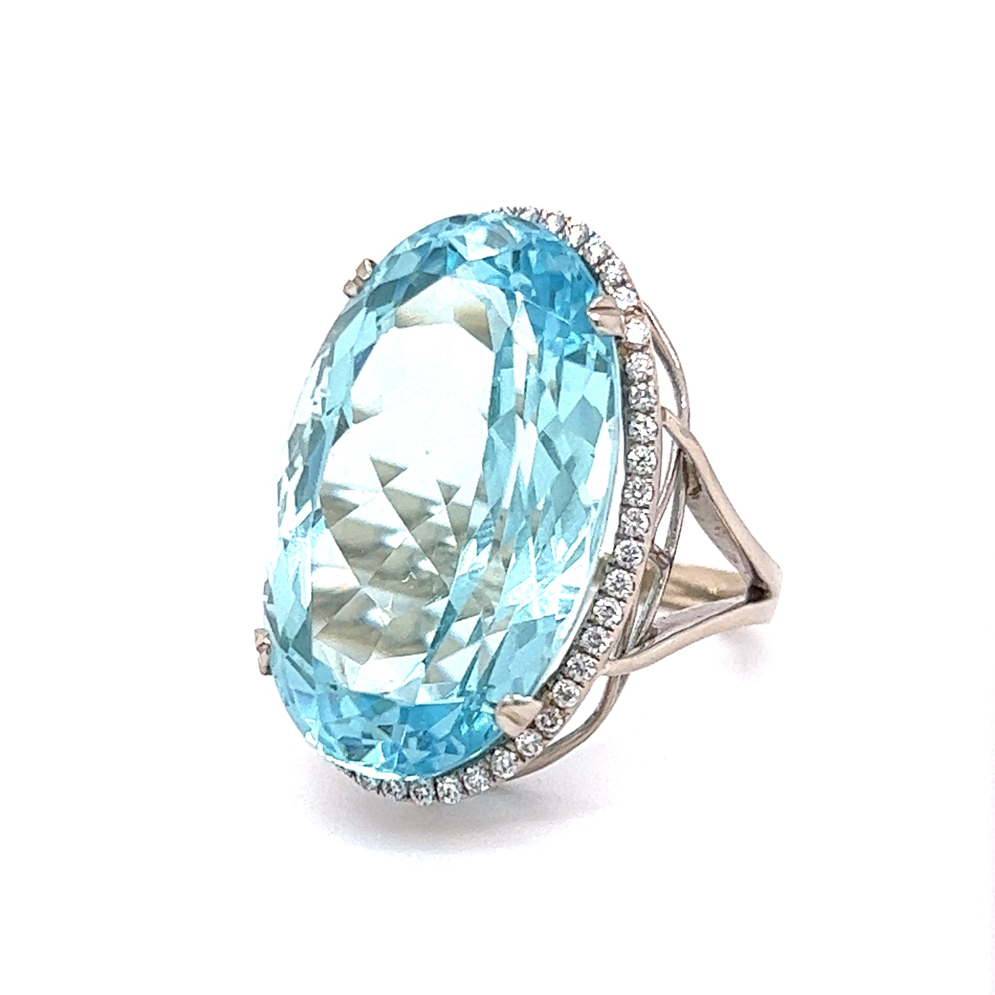 Oval Aquamarine & Diamond Cocktail Ring 14k White Gold