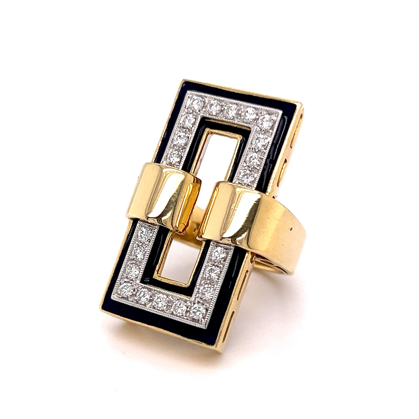 Diamond & Blue Enamel Cocktail Ring 18k Gold