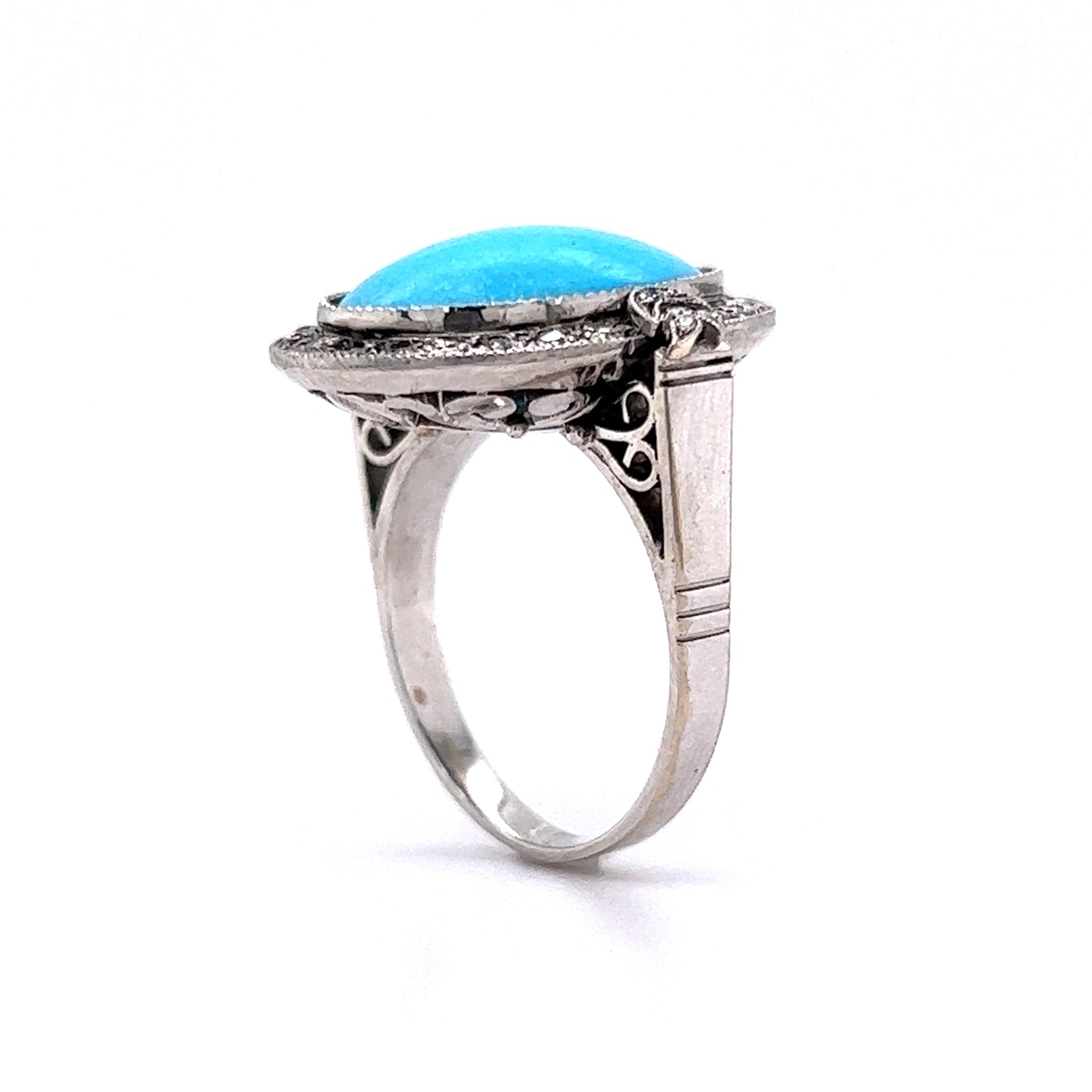 Victorian Turquoise & Diamond Halo Ring in 14k White Gold