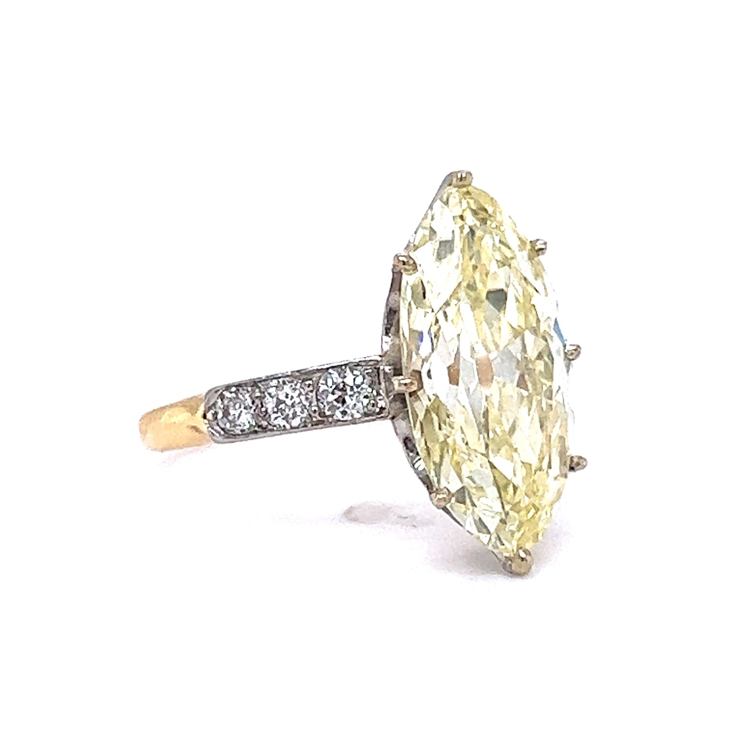 4.39 Marquise Fancy Yellow Diamond Engagement Ring in Platinum & 18k Yellow Gold