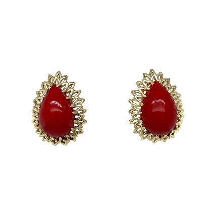 Vintage Cabochon Coral Mid Century Earrings in 18k