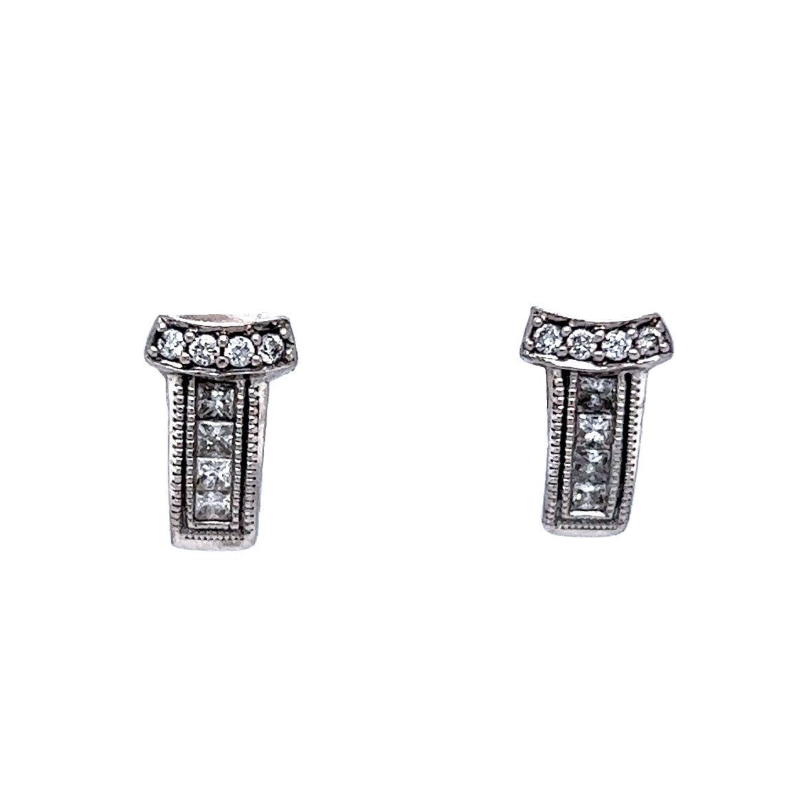 Modern Diamond Milgrain Bar Stud Earrings in 14 Karat White Gold