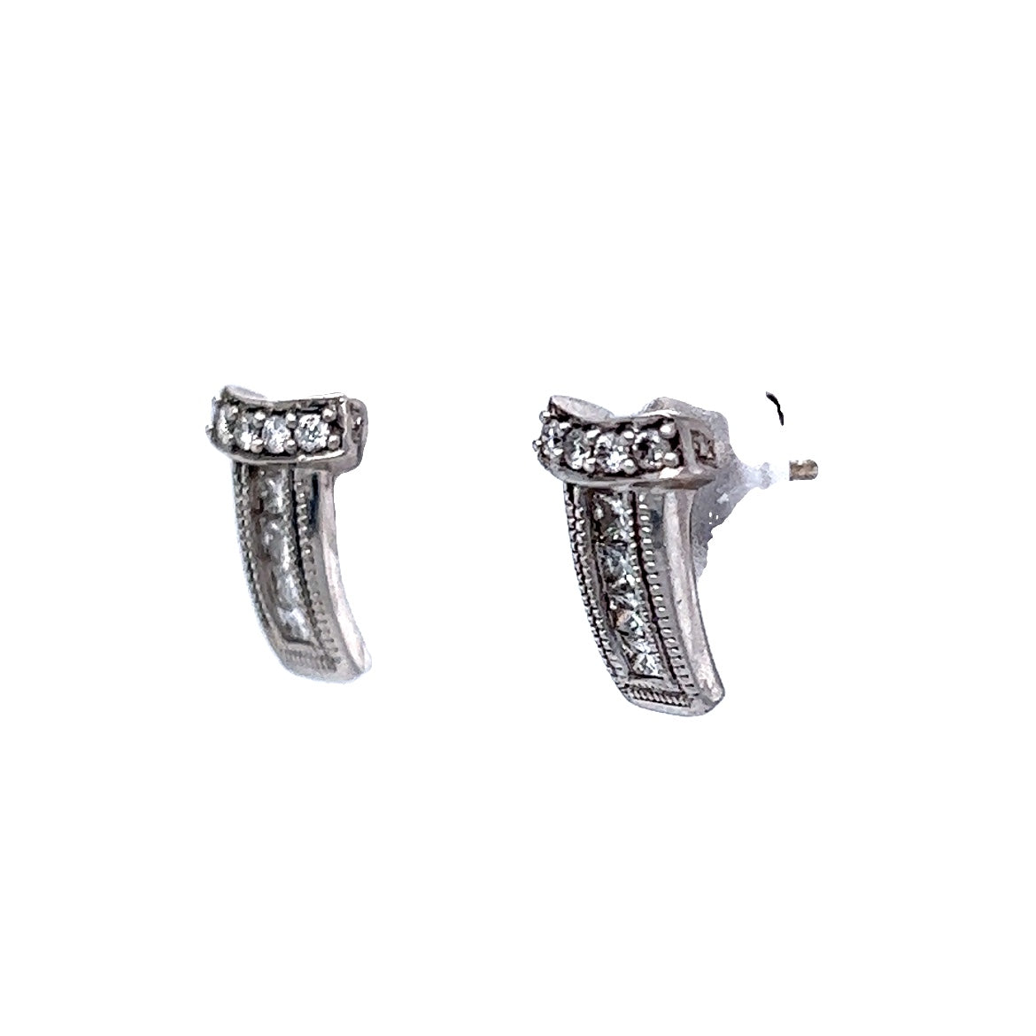 Modern Diamond Milgrain Bar Stud Earrings in 14 Karat White Gold