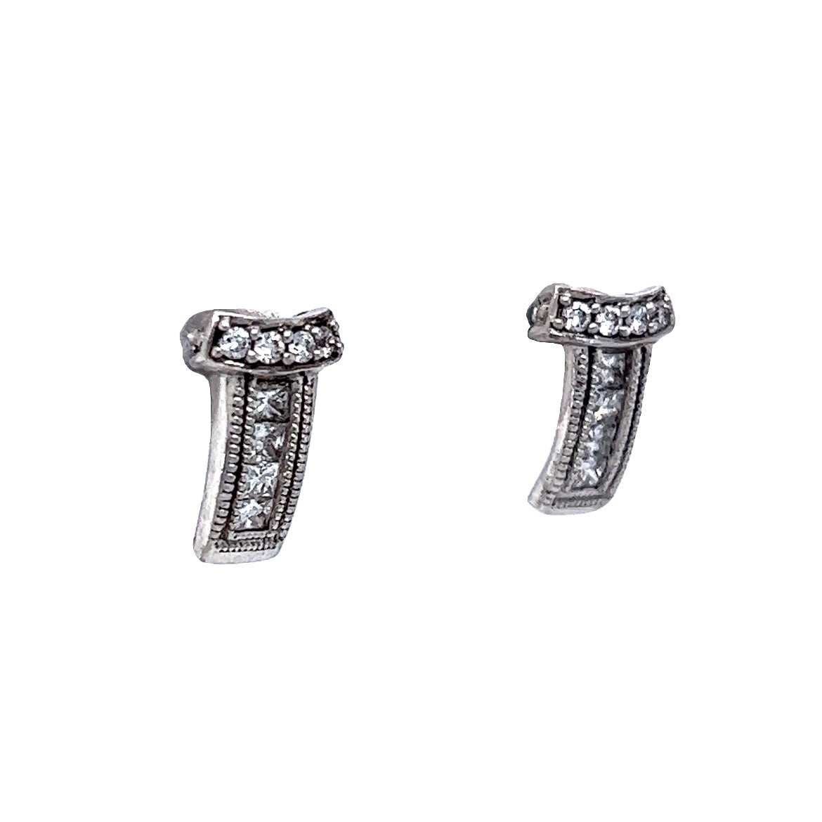 Modern Diamond Milgrain Bar Stud Earrings in 14 Karat White Gold