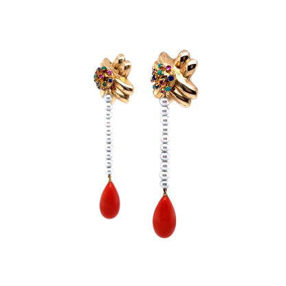 Cabochon Cut Coral Dangle Earrings in Yellow Gold by Stephanie Lake Design