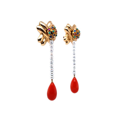Cabochon Cut Coral Dangle Earrings in Yellow Gold by Stephanie Lake Design